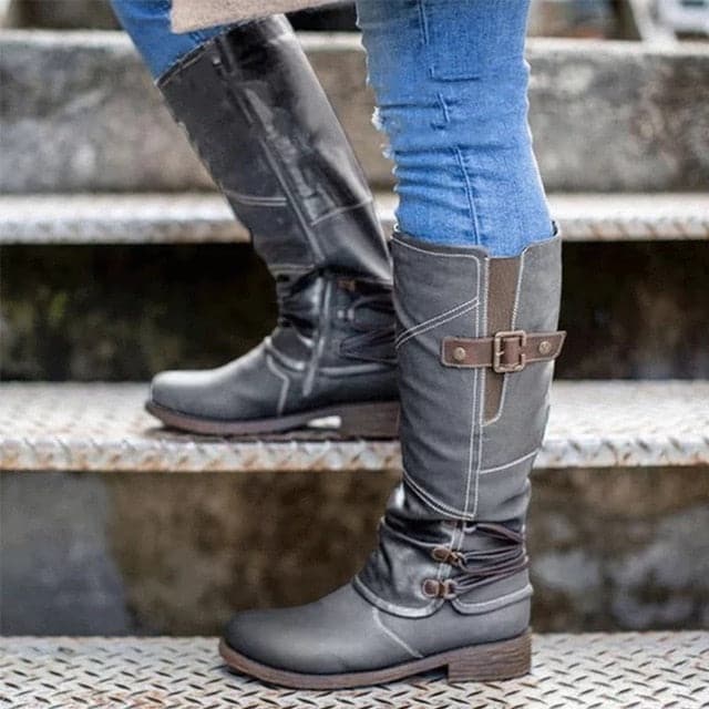 Vintage Leather Buckle High Boots - Koyers