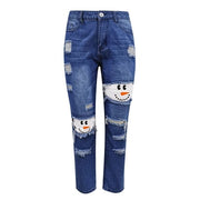 Christmas Pattern Cut-out Slim Jeans - Koyers
