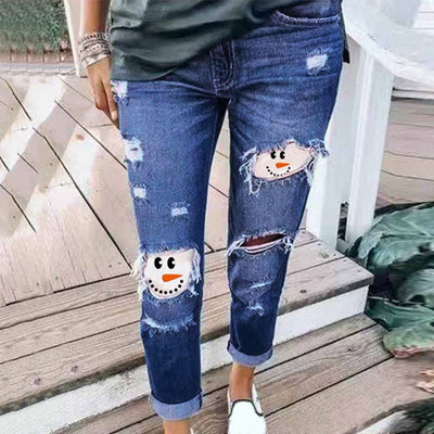 Christmas Pattern Cut-out Slim Jeans - Koyers